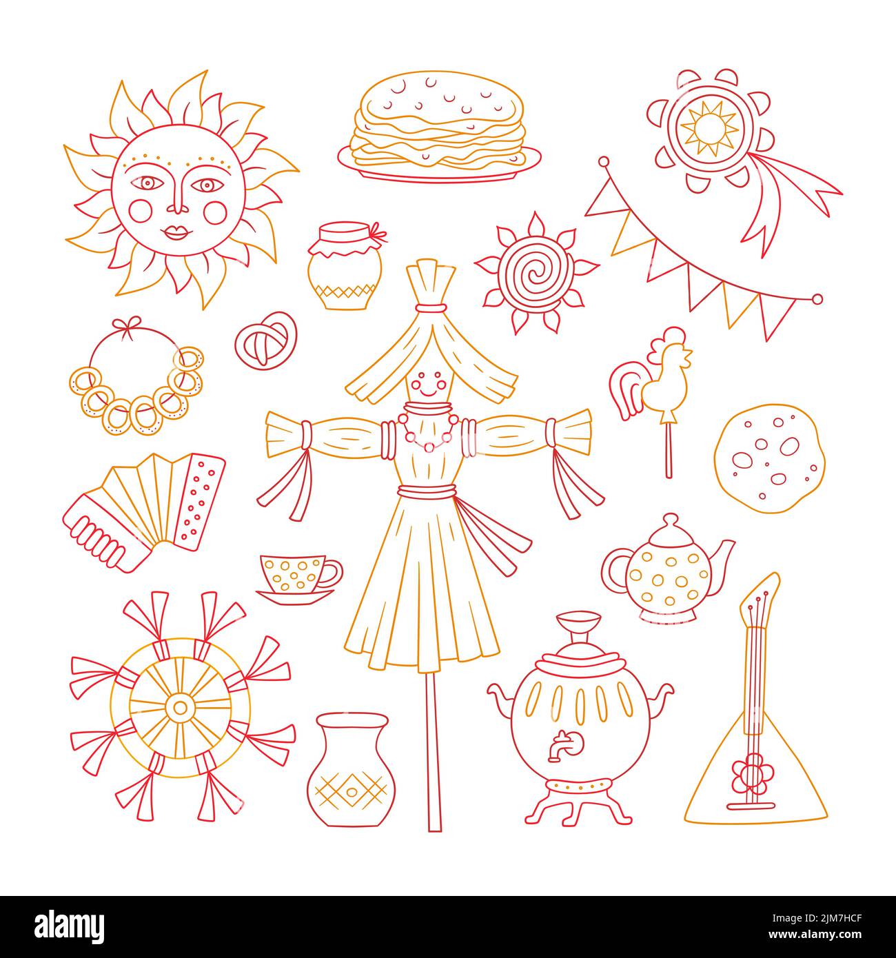 Maslenitsa. Pancake éléments de la semaine - crêpes, samovar, bonbons, balalaika, soleil, carecrow d'hiver, crème aigre, accordéon. Shrovetide. Illustration de Vecteur