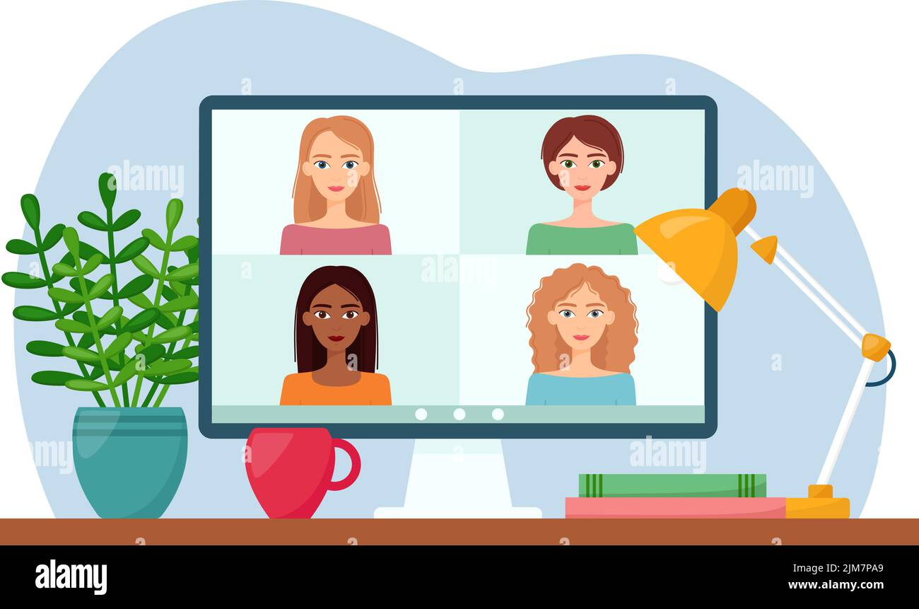 Réunion en ligne par vidéoconférence. Les femmes se connectent, apprennent ou se réunissent en ligne, travaillent à distance. Illustration vectorielle Illustration de Vecteur