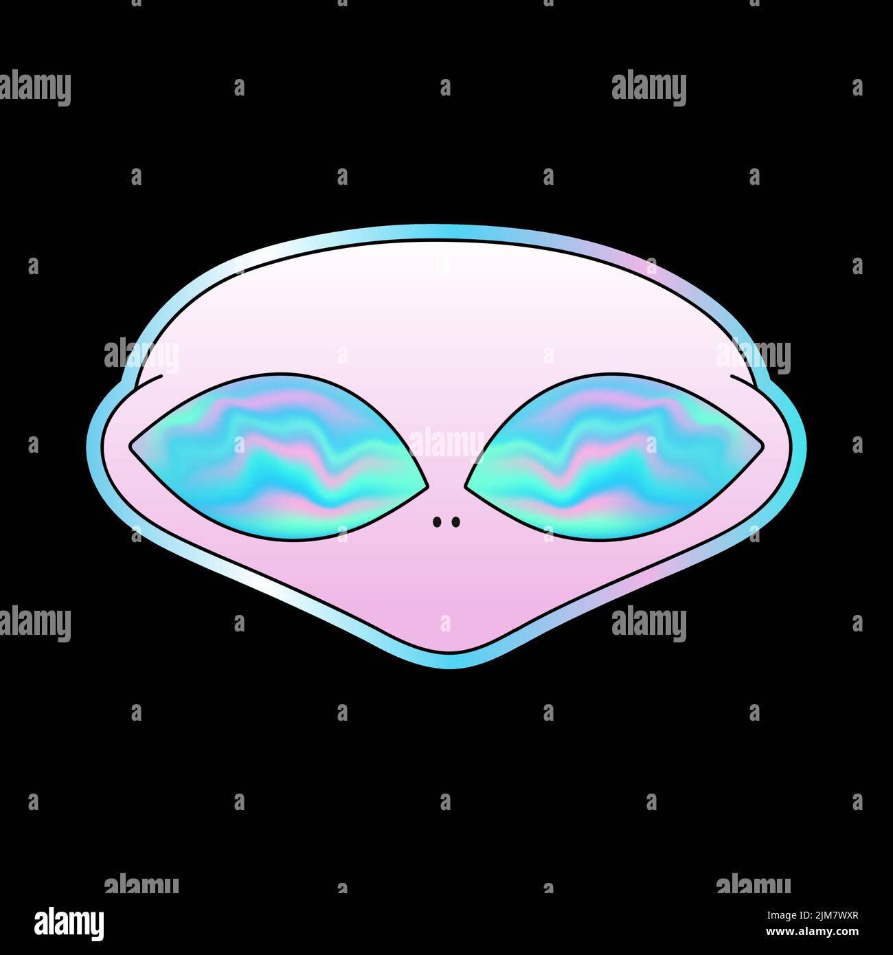 Tête extraterrestre avec yeux holographiques dégradés pour t-shirt, tee-shirt. Motif vectoriel de dessin animé représentant un logo. Trippy psychédélique étranger,acide,ovni,gradient,hologramme imprimé pour t-shirt,tee,logo concept Illustration de Vecteur
