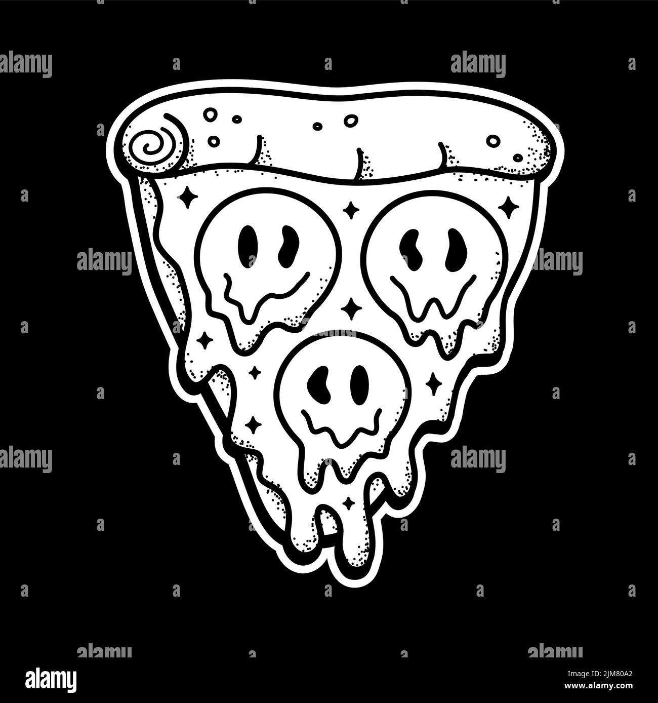 Coupe de pizza à imprimé visage souriant fondu. Illustration de personnage de dessin animé de la ligne de Doodle vectorielle.Pizza, visage de sourire triplant, impression acide sur affiche, t-shirt, concept de logo Illustration de Vecteur