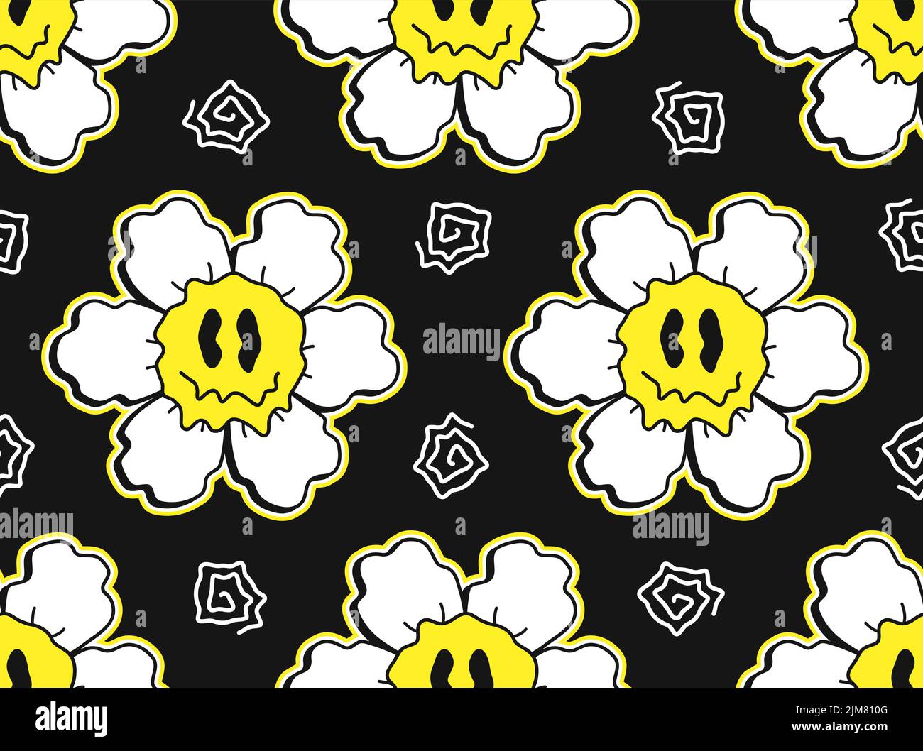 Drôle de fondu sourire fleur camomille visages sans couture motif.Vector fou dessin animé personnage illustration.Smile techno visages fusion acide, trippy,techno,fleur sans couture motif papier peint concept d'impression Illustration de Vecteur