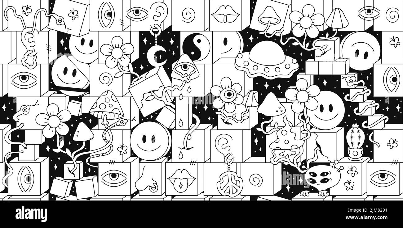 Crazy trippy 60s style psychédélique géométrie sans couture motif, page pour colorier livre.illustration graphique vectorielle Illustration de Vecteur
