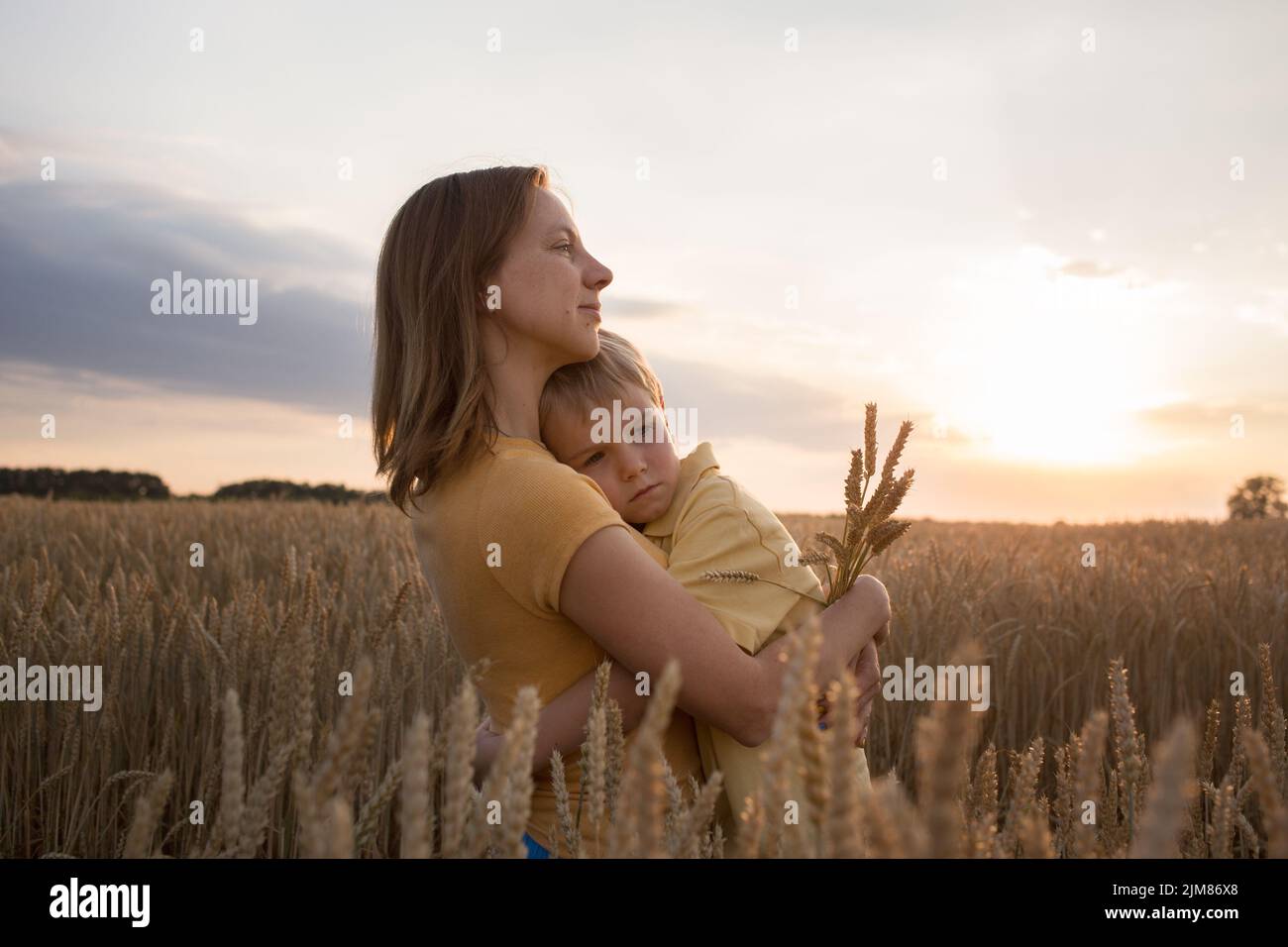 un petit garçon triste s'est emmêlé à sa mère au milieu du champ de blé au coucher du soleil. une femme tient un enfant dans ses bras. Famille, maternité, réfugiés, unité, dîner Banque D'Images