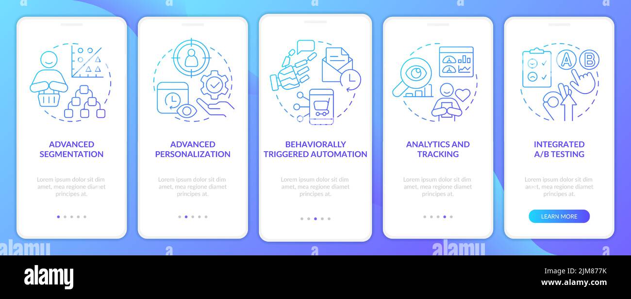 La plate-forme d'engagement client comprend un écran d'application mobile d'intégration à gradient bleu Illustration de Vecteur