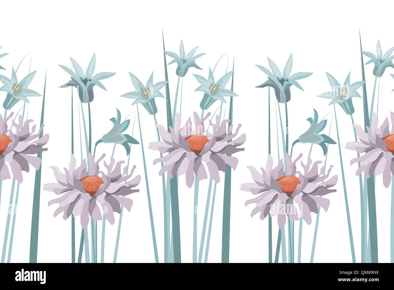 Motif fleuri vectoriel sans couture, bordure. Illustration panoramique horizontale avec fleurs bleues et violettes sur fond blanc. Illustration de Vecteur