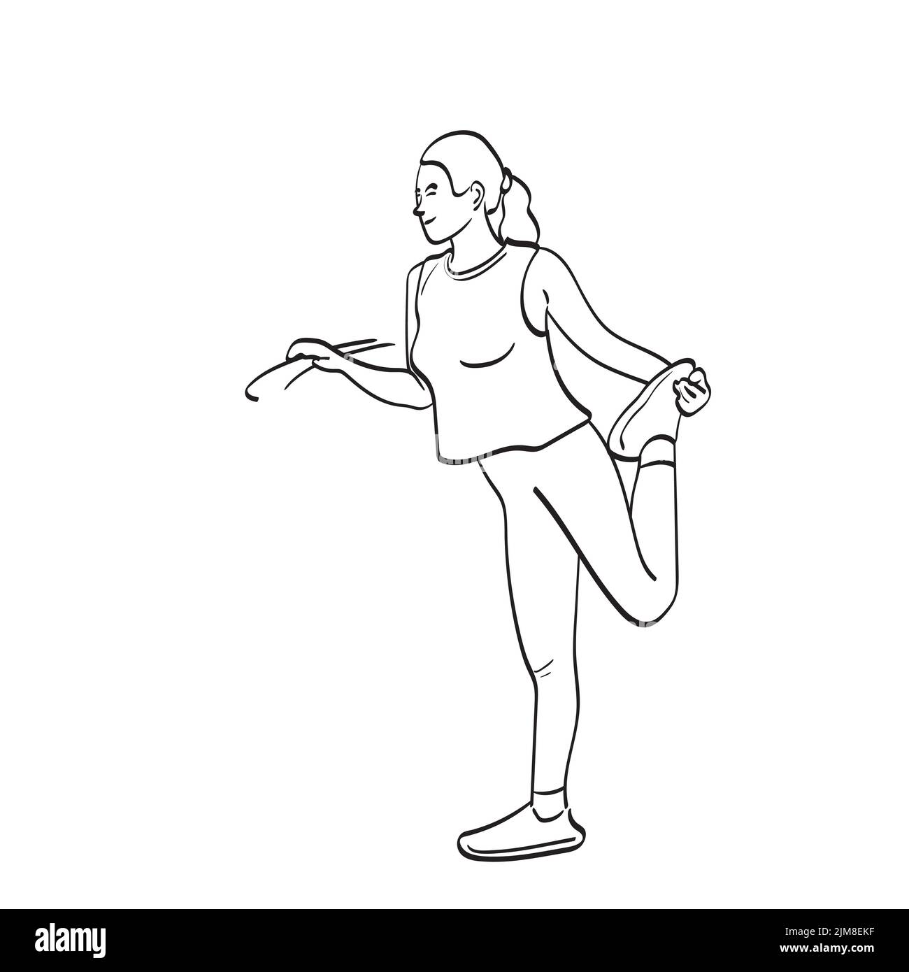 pleine longueur de jeune femme coureur se réchauffant avant de courir illustration vecteur dessiné à la main isolé sur fond blanc dessin de ligne Illustration de Vecteur