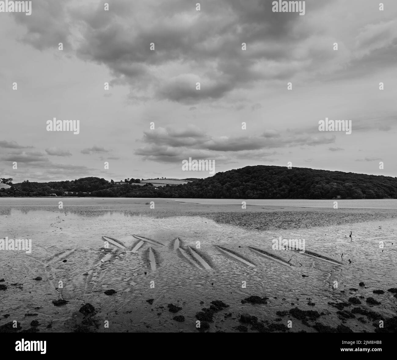 Motifs dans le lit de la rivière Tavy à marée basse vue du quai à Bere Ferrers. Une image monochrome légèrement surréaliste. Banque D'Images