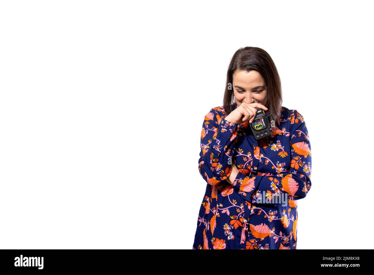 Portrait d'une femme avec appareil photo rétro Banque D'Images