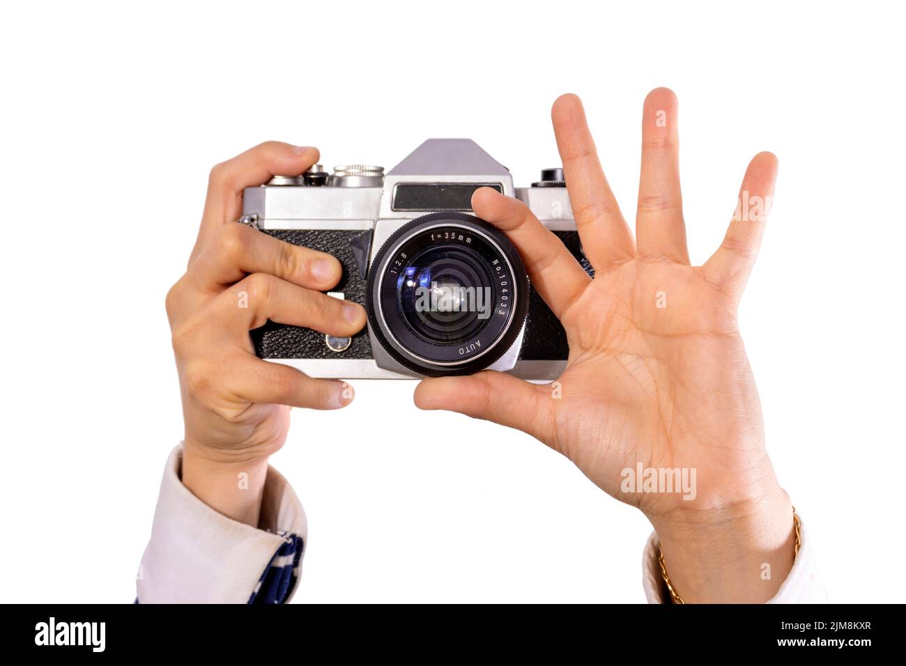 Portrait d'une femme avec appareil photo rétro Banque D'Images