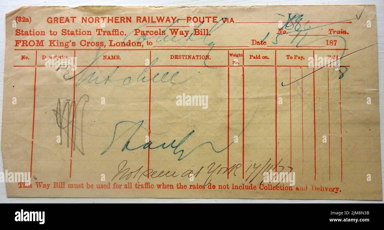 1886 Great Northern Railway (Royaume-Uni) - Un billet de route de parcelles de 1877 pour un MR Williamson - Kings Cross, Londres à Whitby, Yorkshire. Il semble mentionner un colis perdu, mais il y a des erreurs de date ou de confusion? Banque D'Images