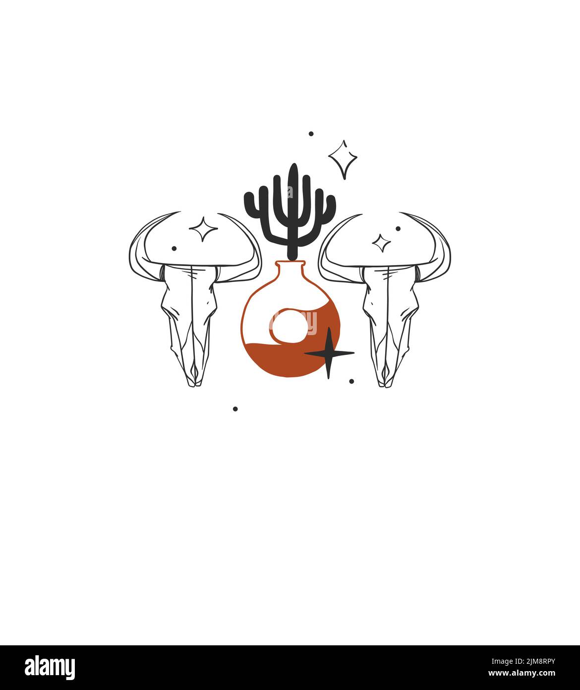 Dessin à la main vecteur graphique clipart illustration boho crâne de taureau composition.Wild Western design concept.Bohemian Wild West art contemporain Illustration de Vecteur