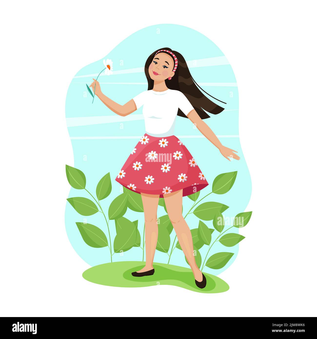 Jolie fille souriante avec une fleur dans la main. Un personnage féminin dans une jupe fleurie. Illustration vectorielle dans un dessin animé plat. Illustration de Vecteur