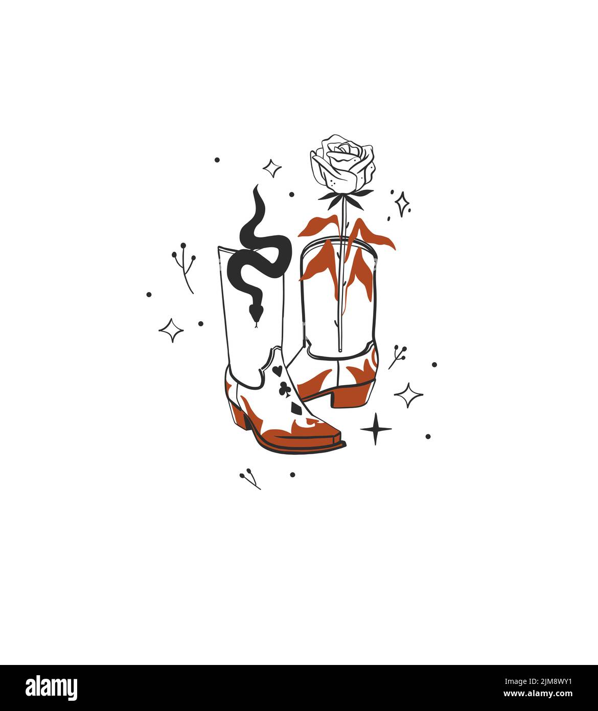 Dessin à la main abstrait vecteur graphique clipart illustration boho cowgirl rodeo Boots.Western concept de conception féminine.Bohemian Wild West art contemporain Illustration de Vecteur