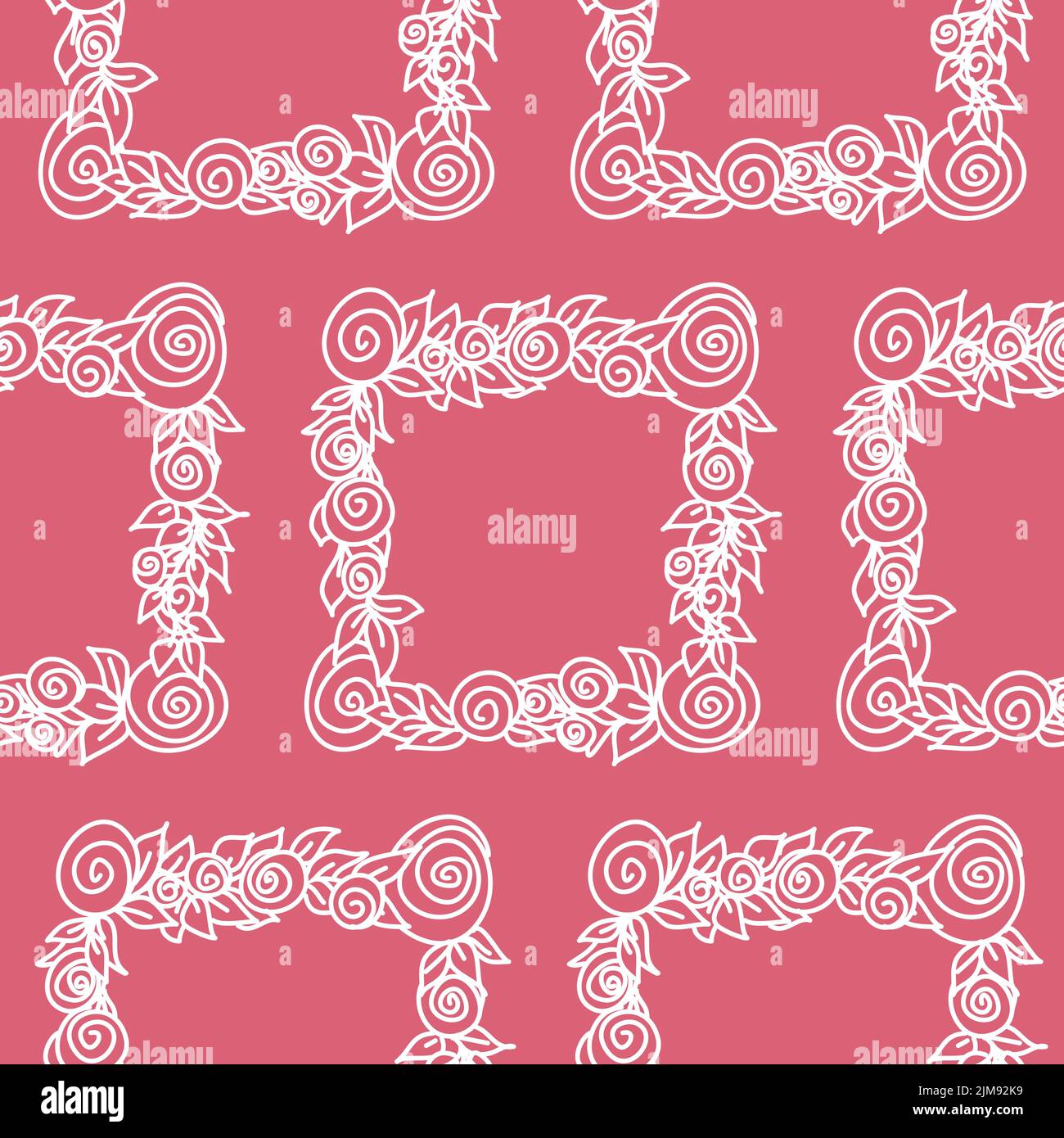 Cadre carré avec rose et feuille, fond rose, motif sans couture Illustration de Vecteur