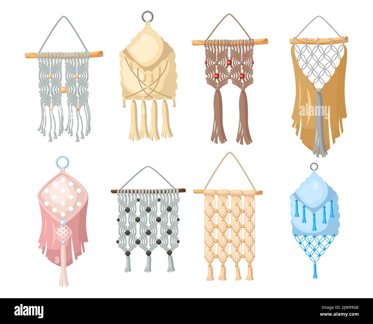 Jeu d'illustrations de dessin animé suspendu mural en macrame tchèque. Ensemble de décorations maison en maille de style boho ou scandinave pour une atmosphère de détente Illustration de Vecteur