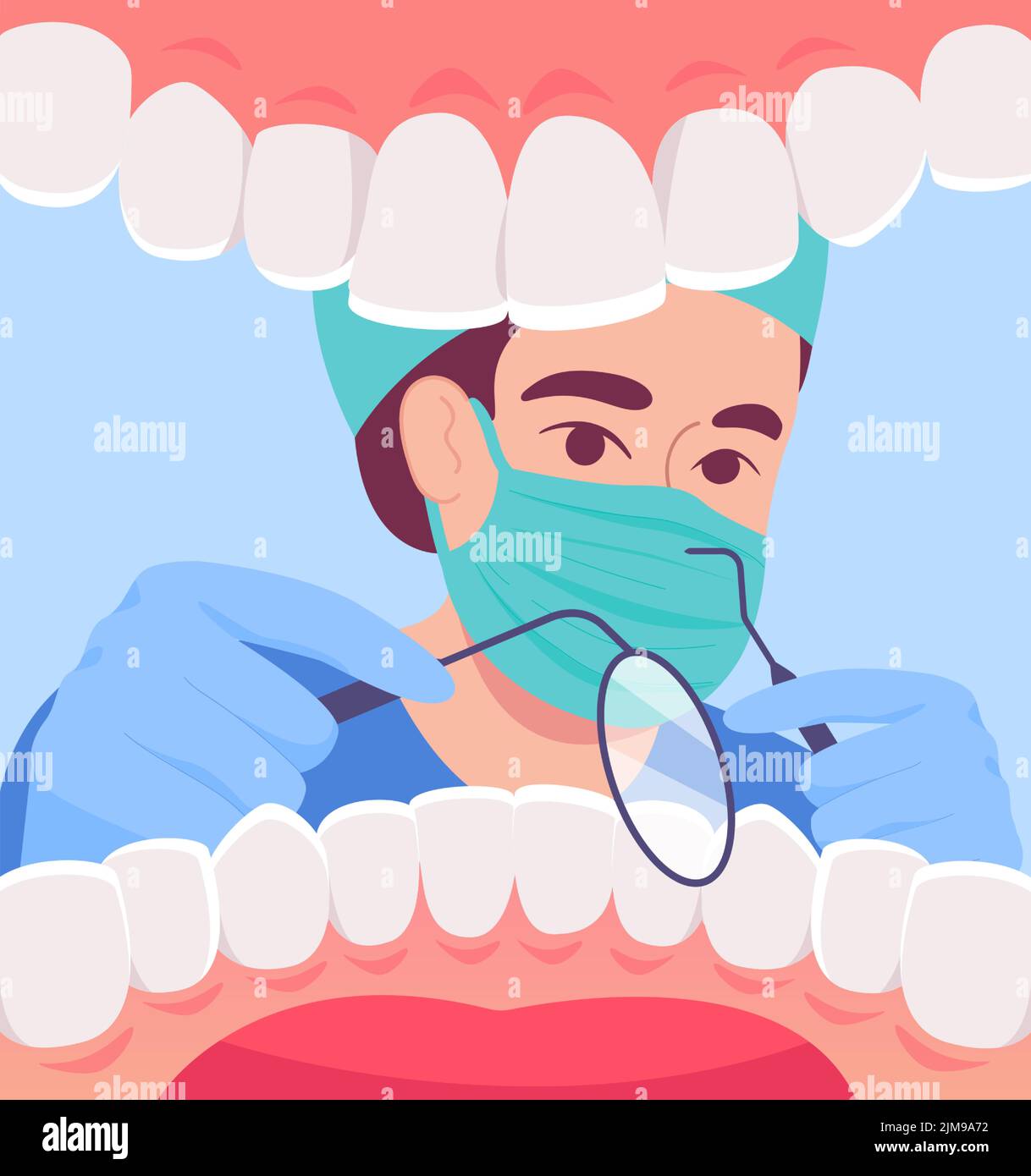 Dessin-animé dentiste dans le masque regardant dans la bouche ouverte du patient. Vue intérieure des dents blanches saines, illustration du vecteur plat de l'examen médical. Orale ou bosselure Illustration de Vecteur