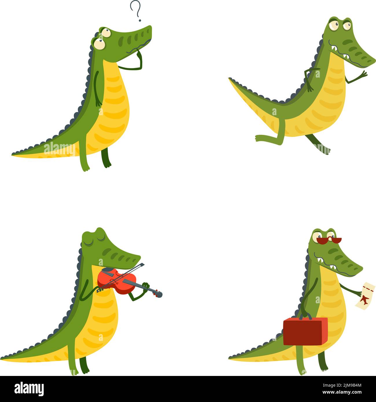 Collection de dessin animé de crocodile personnage courant, penser, jouer du violon, voyager Illustration de Vecteur