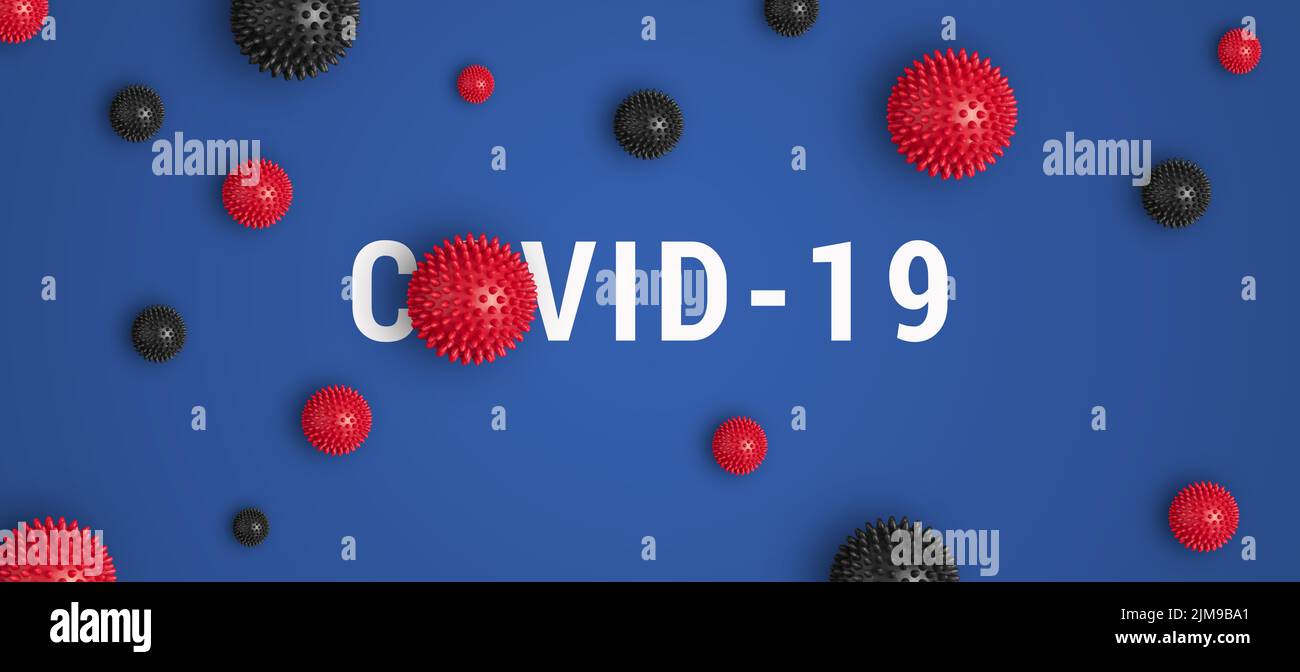 Inscription COVID-19 sur fond bleu avec modèle de souche de virus abstrait rouge et noir. Propagation du coronavirus Covid-19 dans le monde entier, bannière, plat, Banque D'Images