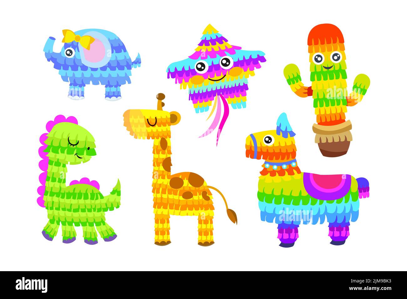 Ensemble d'illustrations vectorielles de personnages de dessin animé de pinata mignons. Jouets mexicains de formes d'animaux et de cactus pour les anniversaires, fêtes ou carnavals isolés sur le mercout Illustration de Vecteur