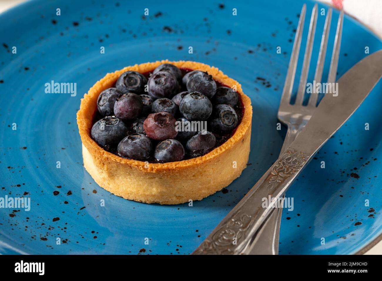 Tarte aux myrtilles fraîchement cuite sur une assiette en porcelaine bleue Banque D'Images