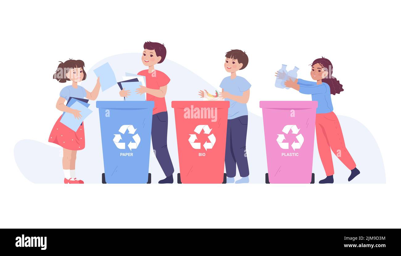 Illustration vectorielle de tri des enfants à plat. Les enfants jettent des déchets dans des poubelles pour le recyclage des déchets de papier bio et de plastique. Garçons et filles tak Illustration de Vecteur