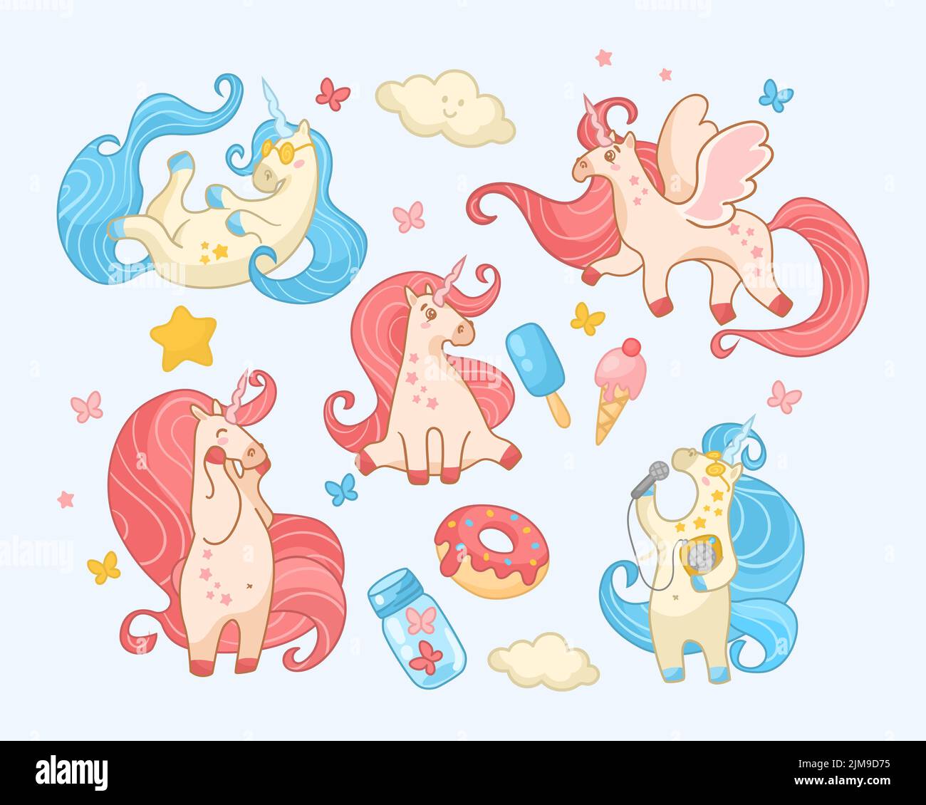 Ensemble d'illustrations de dessin animé mignon Happy Unicorns. Beaux et adorables personnages magiques roses et bleus avec des étoiles, des fleurs, des beignets et des fleurs chantant, l Illustration de Vecteur