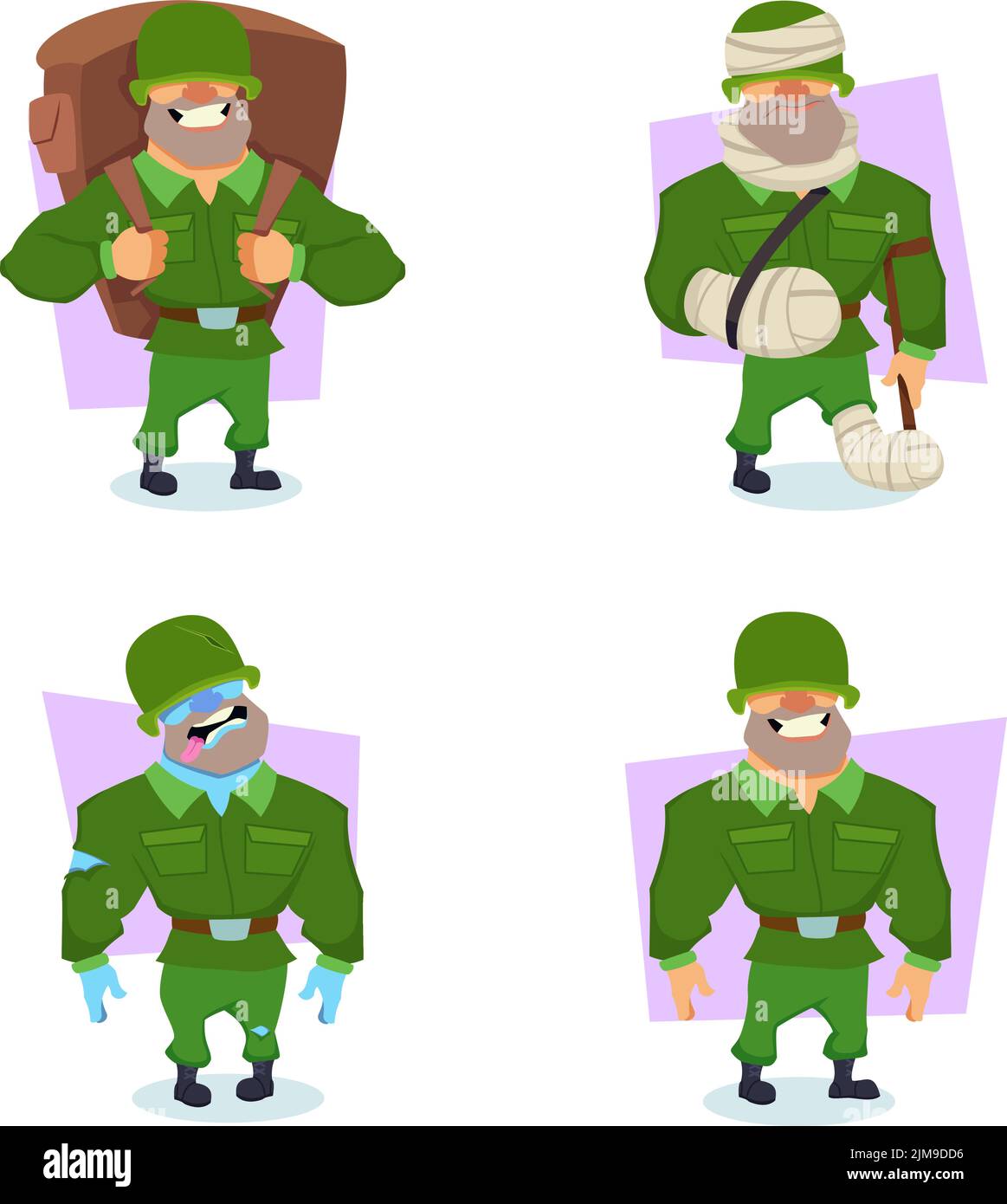 Ensemble de personnage de soldat de dessin animé avec sac à dos, debout avec la béquille, exprimant différentes émotions Illustration de Vecteur