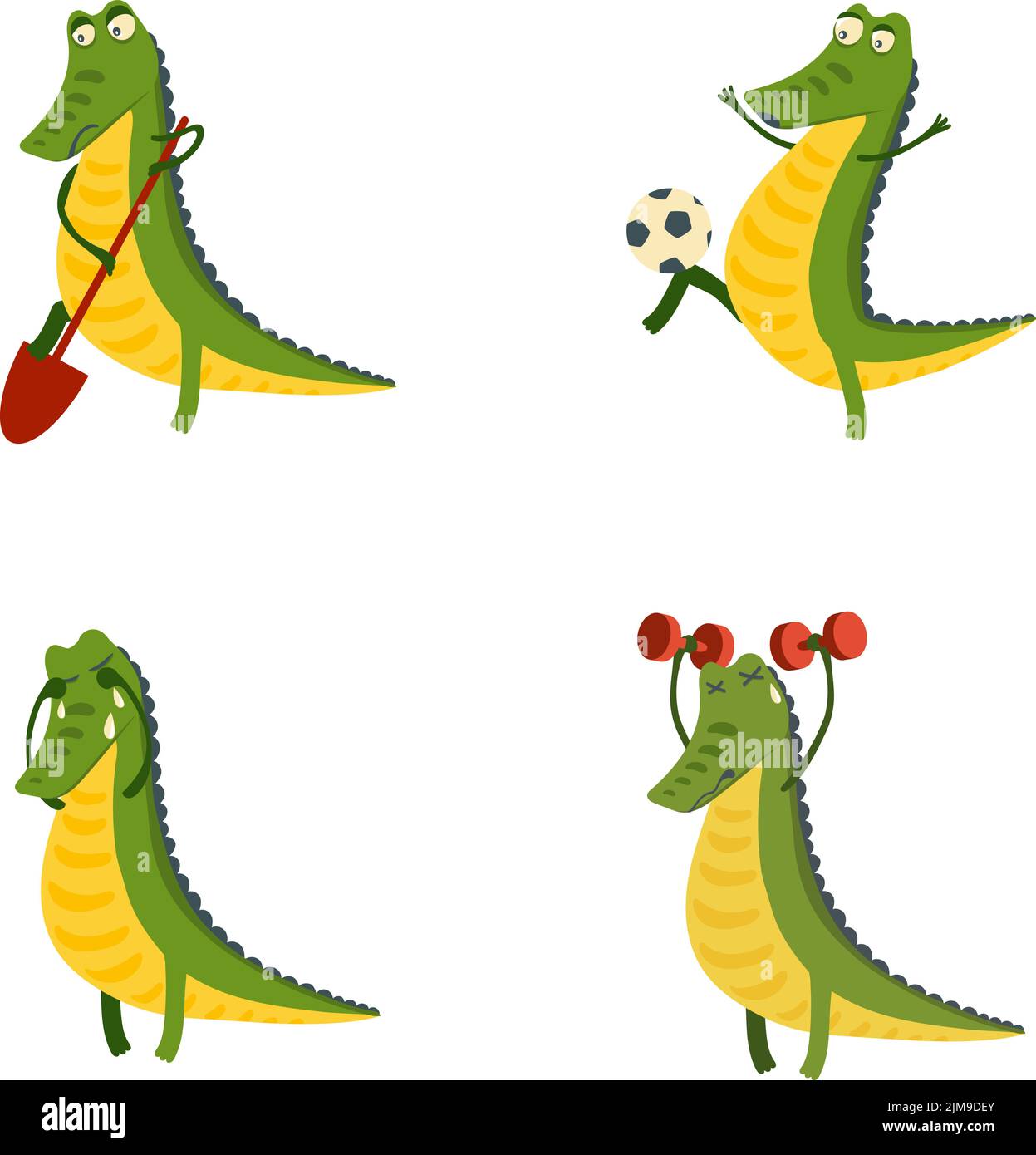 Ensemble de dessin animé de personnage de crocodile creuser, jouer au football, pleurer et lever des haltères Illustration de Vecteur