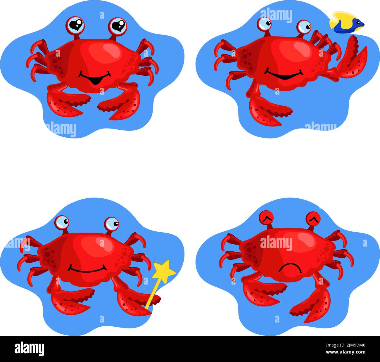 Ensemble de crabes mignons dessinés à la main souriant, attrapant le poisson, tenant la baguette, se sentant triste Illustration de Vecteur