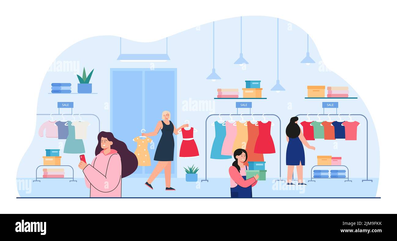 Les femmes qui cherchent des vêtements dans un magasin. Femmes achetant des vêtements ou des vêtements dans la boutique de vêtements illustration vectorielle plate. Mode, shopping con Illustration de Vecteur