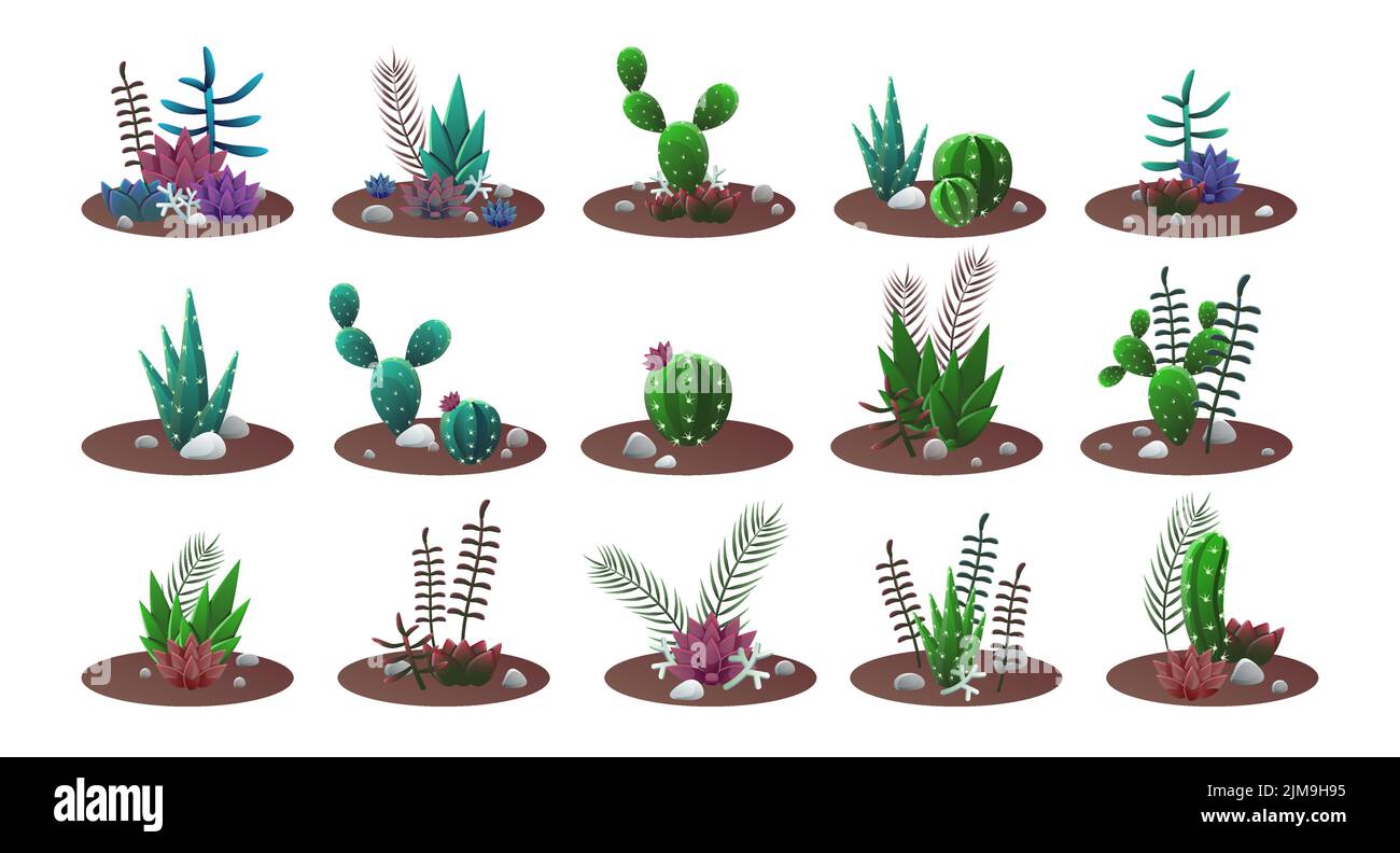 Les cactus se développent dans le sol de pots ensemble. Illustrations vectorielles de plantes de maison tropicales pour la décoration intérieure. Collection de cactus de dessins animés pour la maison de guar Illustration de Vecteur