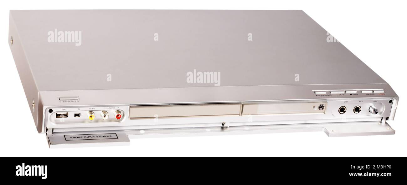 Lecteur vidéo DVD avec couvercle avant ouvert isolé sur blanc Banque D'Images