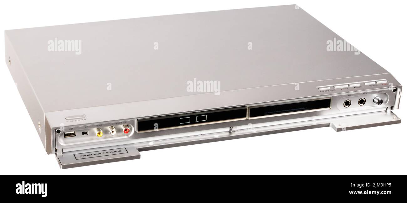 Lecteur vidéo DVD avec couvercle avant ouvert isolé sur le blanc Banque D'Images