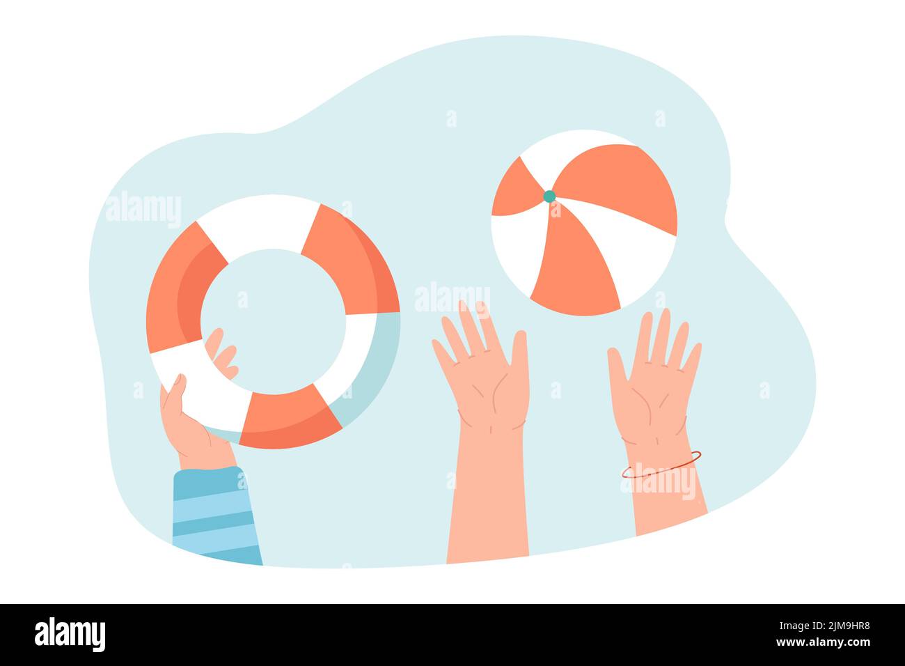 Ballon gonflable et bouée de sauvetage dans les mains illustration vectorielle plate. Les gens se préparer à nager, passer des vacances en mer. Été, loisirs, entrée Illustration de Vecteur