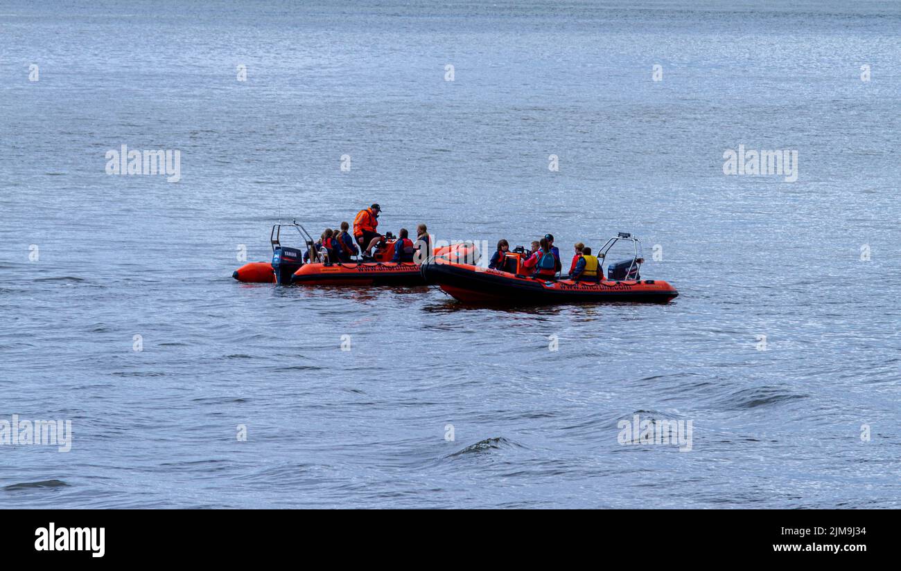 Dundee, Tayside, Écosse, Royaume-Uni. 5th août 2022. Météo au Royaume-Uni : une journée ensoleillée avec des températures atteignant 18°C dans le nord-est de l'Écosse. Les enfants locaux du centre extérieur d'Ancrum ont un bon moment en bateau à moteur sur la rivière Tay à Dundee. Ancrum Activities offre des cours de perfectionnement des compétences et une certification d'encadrement à des personnes de tous âges et de toutes capacités. Power Boating Adventure (8-14yrs ans) se compose de deux bateaux qui fournissent une expérience pratique à la barre sous la supervision d'experts des instructeurs de bateau de moteur. Crédit : Dundee Photographics/Alamy Live News Banque D'Images