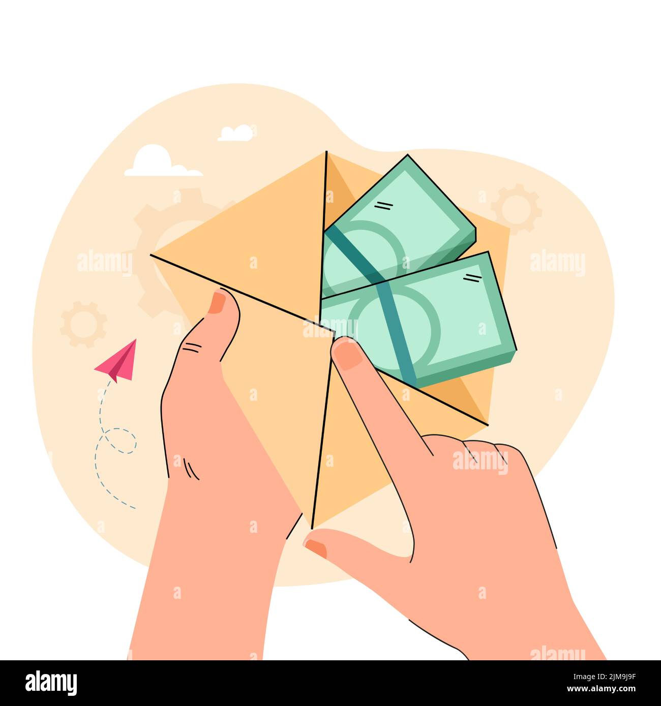 Enveloppe de main avec billets à l'intérieur. Personne prenant un prêt en banque, obtenant un salaire ou recevant une illustration de vecteur plat de pot-de-vin. Finances, richesse Illustration de Vecteur