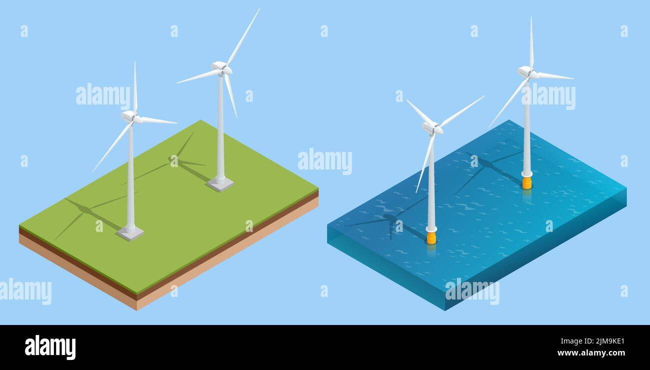 Isométrique industrie de l'énergie verte. Éoliennes produisant de l'électricité énergie renouvelable durable. Parc d'éoliennes. Illustration de Vecteur