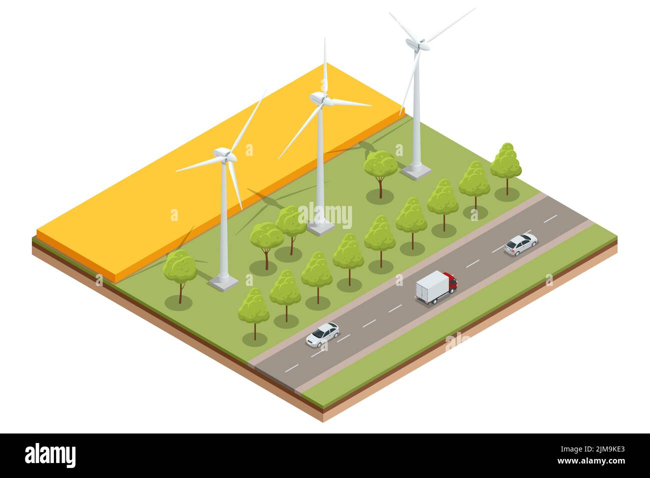 Isométrique industrie de l'énergie verte. Éoliennes produisant de l'électricité énergie renouvelable durable. Parc d'éoliennes. Illustration de Vecteur