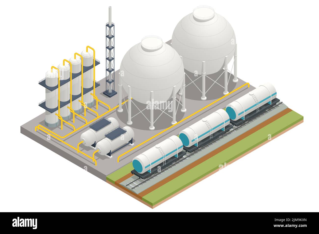 Réservoirs de stockage de gaz isométriques. Réservoirs de propane sphériques blancs. Contenant un pipeline de fioul gaz. Illustration de Vecteur