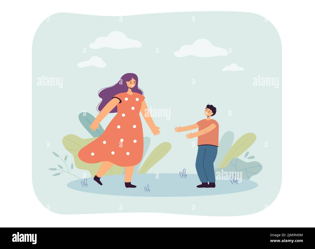 Happy son salutation mère illustration vectorielle plate. Enfant et parent qui s'embrasse, ayant le bon temps ensemble. Amour, famille, concept de parent pour bannière, nous Illustration de Vecteur