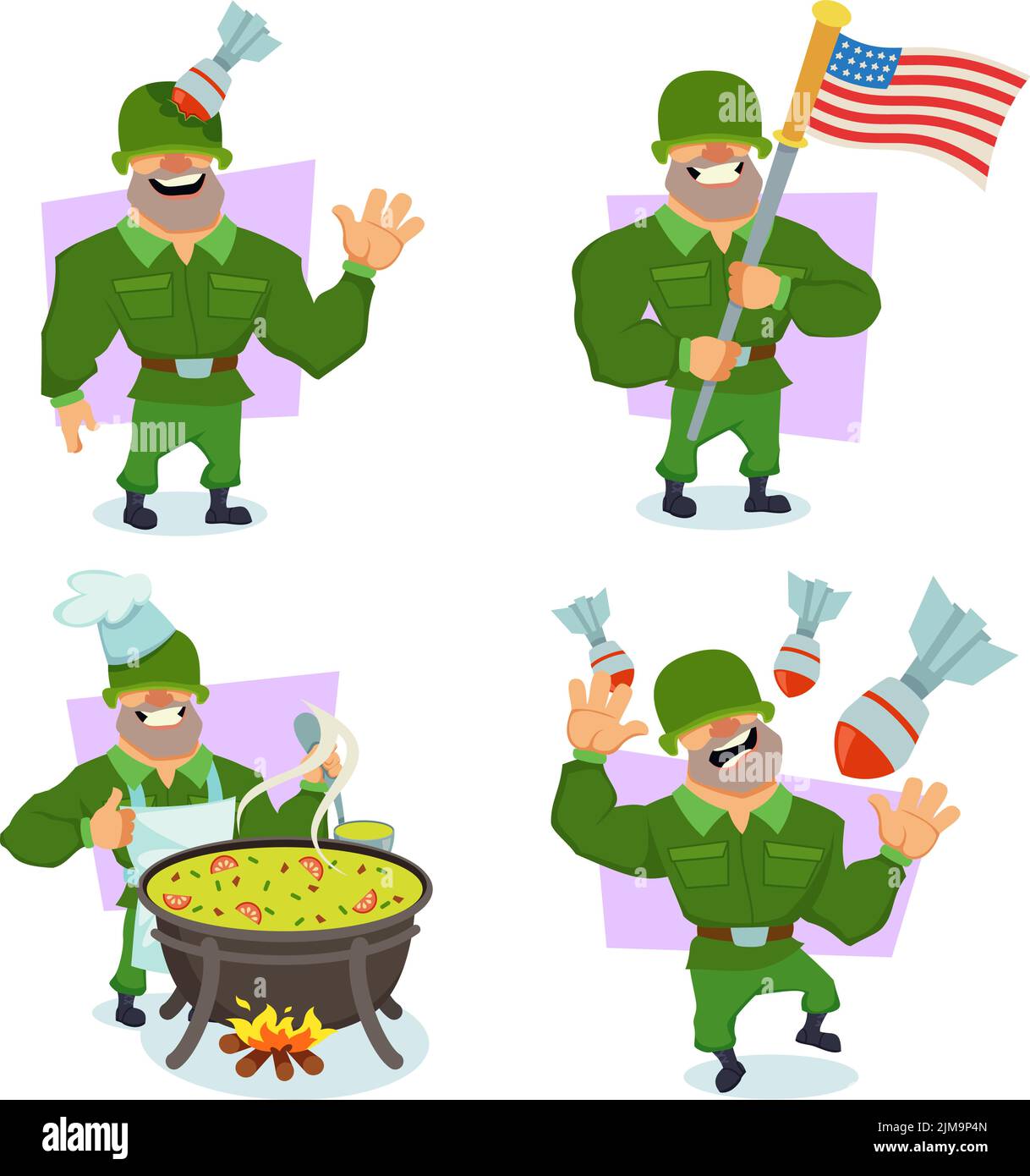 Ensemble de drôle de soldat de dessin animé de cuisine sur feu de camp tenant le drapeau des États-Unis, se faisant tirer dans la tête Illustration de Vecteur