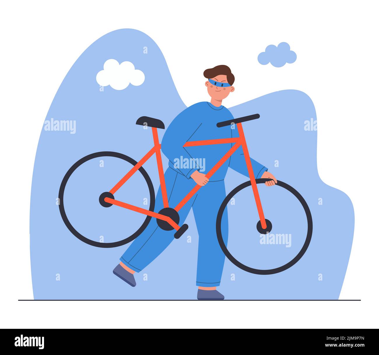 Illustration d'un voleur de vélo volé à vecteur plat. Personnage de dessin animé criminel dans le masque s'éloignant après avoir commis un vol, une rupture ou un viol Illustration de Vecteur
