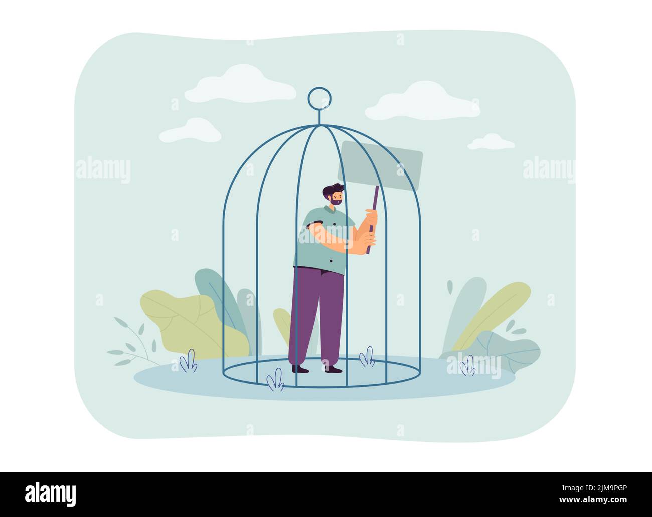 Homme debout dans la cage et tenant avec une bannière vierge. Homme protestant et affirmant son illustration vectorielle plate de droits. Arrestation, châtiment conce Illustration de Vecteur