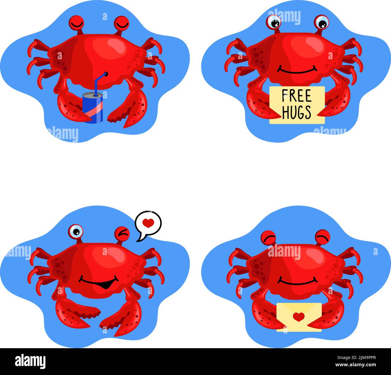Ensemble de crabes mignon dessinés à la main boire du cola, offrant des câlins gratuits, en clin d'œil, tenant la lettre d'amour Illustration de Vecteur