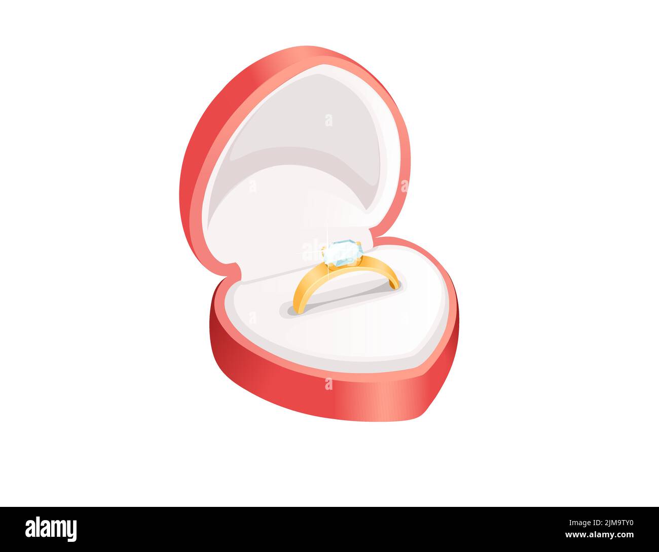 Boîte en forme de coeur de mariage rouge avec illustration vectorielle en anneau doré isolée sur fond blanc Illustration de Vecteur