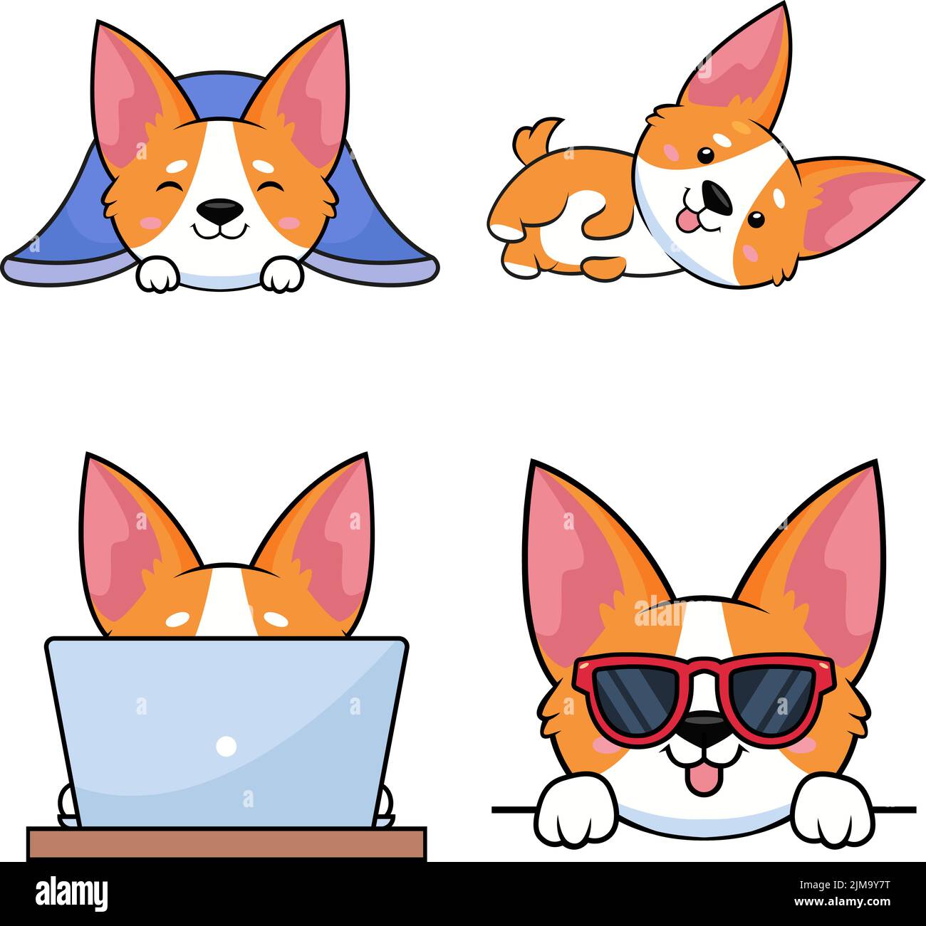 Ensemble de chiots corgi dessinés à la main dormant sous une couverture, coulant, utilisant un ordinateur portable, portant des lunettes de soleil Illustration de Vecteur