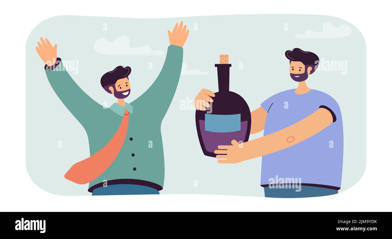 Homme donnant une bouteille de vin à son ami illustration vectorielle plate. Homme se levant les mains et heureux avec le cadeau. Présent, surprise, alcool concept FO Illustration de Vecteur