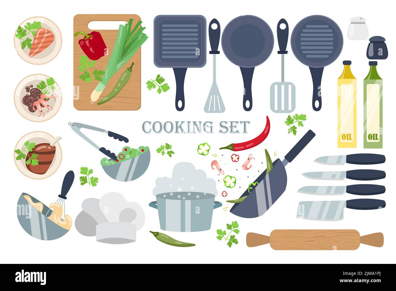 Ensemble d'illustrations de dessin animé pour la préparation de salades. Couteaux, bouteilles d'huile, chapeau de cuisinier, casseroles, spatule, plateau de cuisine avec légumes isolés sur fond blanc Illustration de Vecteur