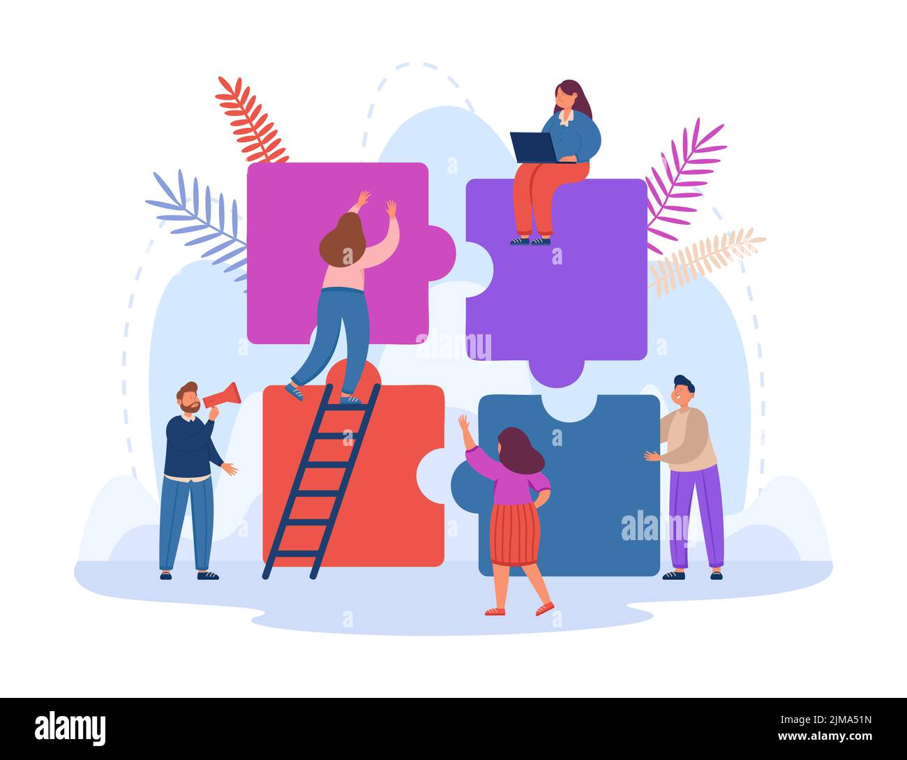 De minuscules hommes d'affaires travaillant ensemble sur un puzzle. Métaphore pour la coopération ou le partenariat, la collaboration entre l'équipe de personnes vecteur plat malade Illustration de Vecteur