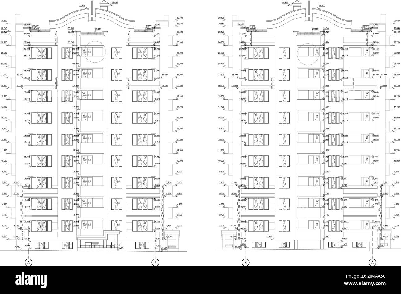 Façades de bâtiments à plusieurs étages, dessin technique architectural détaillé, plan vectoriel Illustration de Vecteur